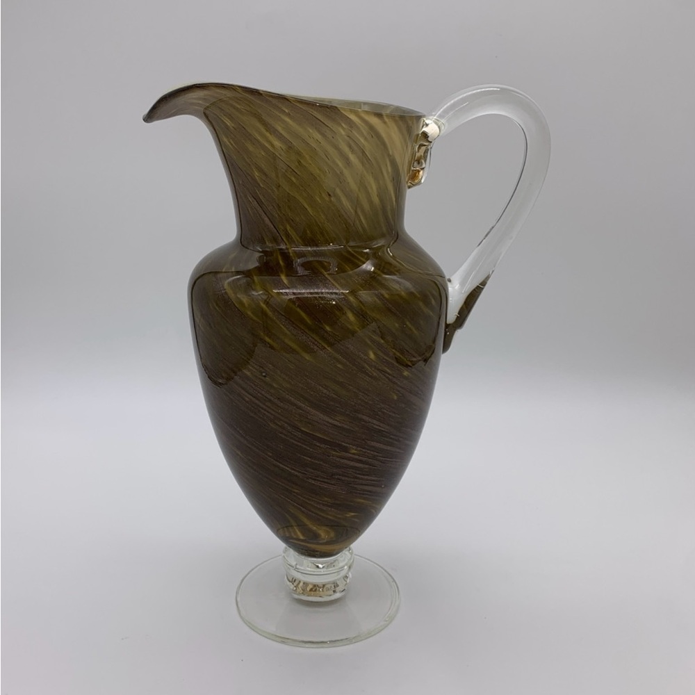 Vtg. Smokey Ornate Gold Glitter Accent Swirl Art Glass Pitcher Vase With Handle